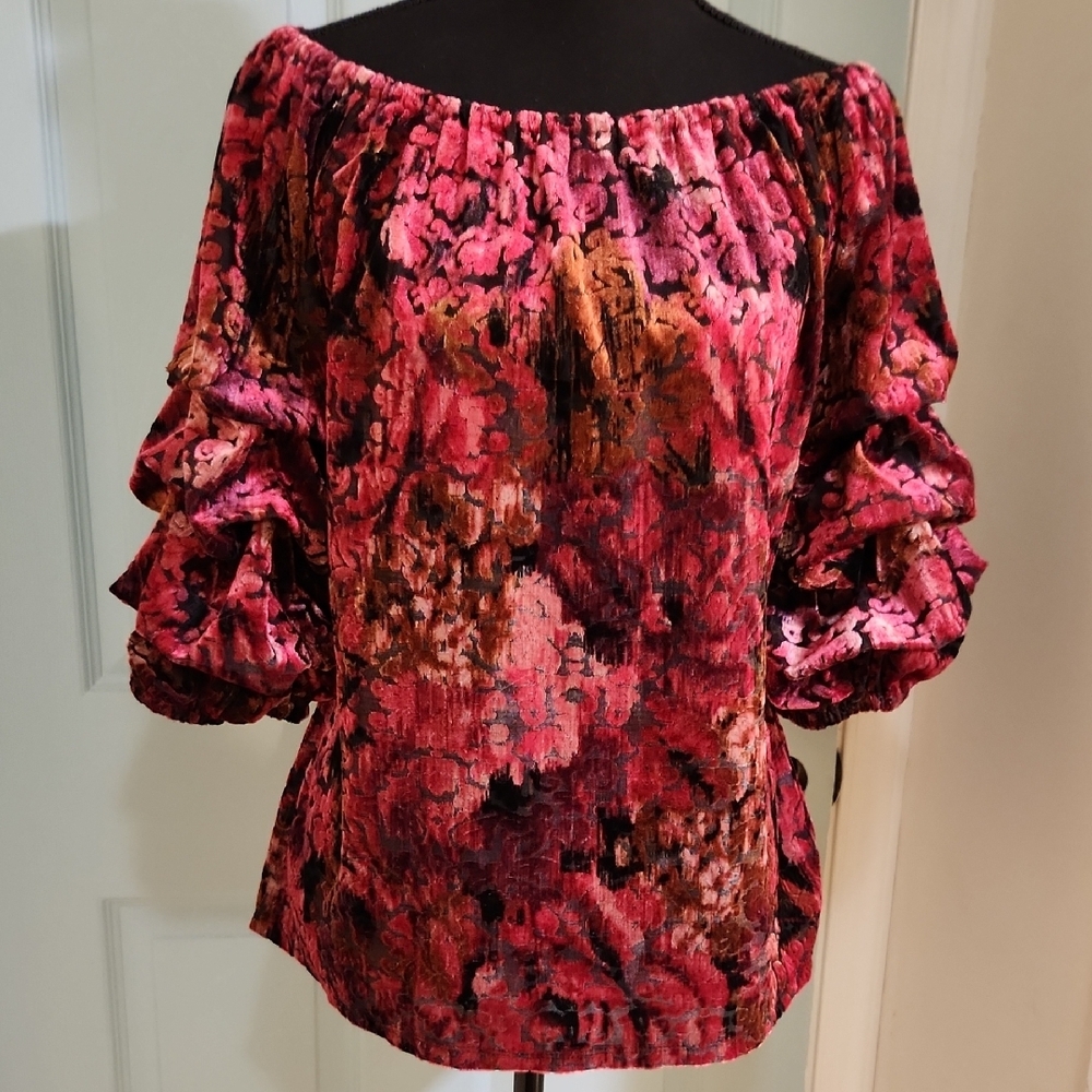 Vibrant Pink and Red Puff Sleeve Blouse with Ruffled Details